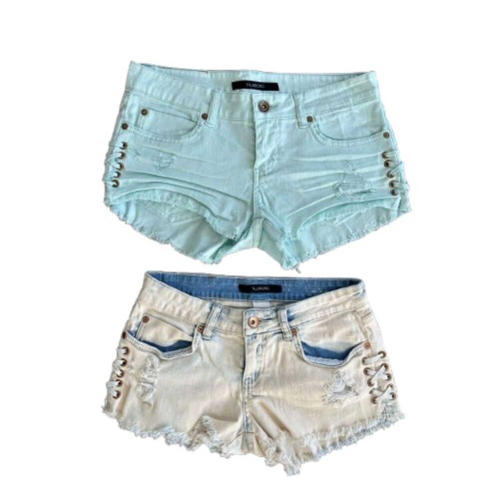 Lot of 2 Billabong Denim Micro Shorts Side Lace Up Distressed Cutoff Size 25